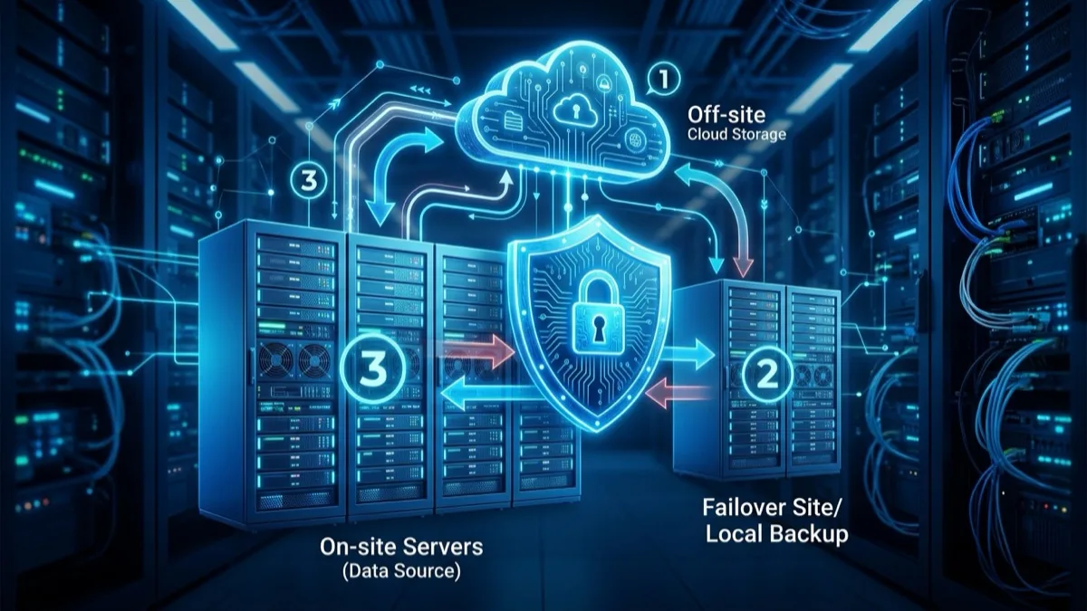 IT technician configuring a managed backup and disaster recovery appliance beside production servers in a Canadian SMB server room