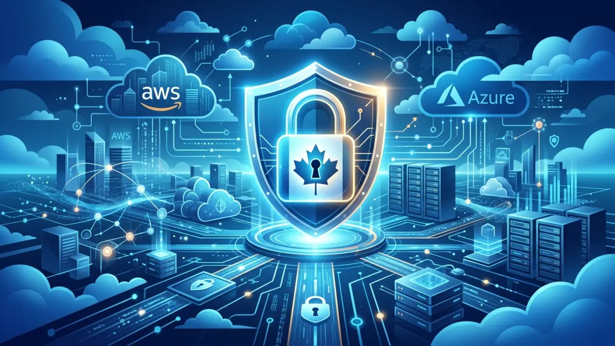 Cloud security engineer reviewing CSPM misconfiguration findings across AWS, Azure, and Google Cloud dashboards for a Canadian business