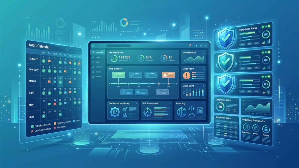 A virtual CISO and Canadian business team reviewing a continuous compliance dashboard showing SOC 2 and Law 25 controls in a Toronto office