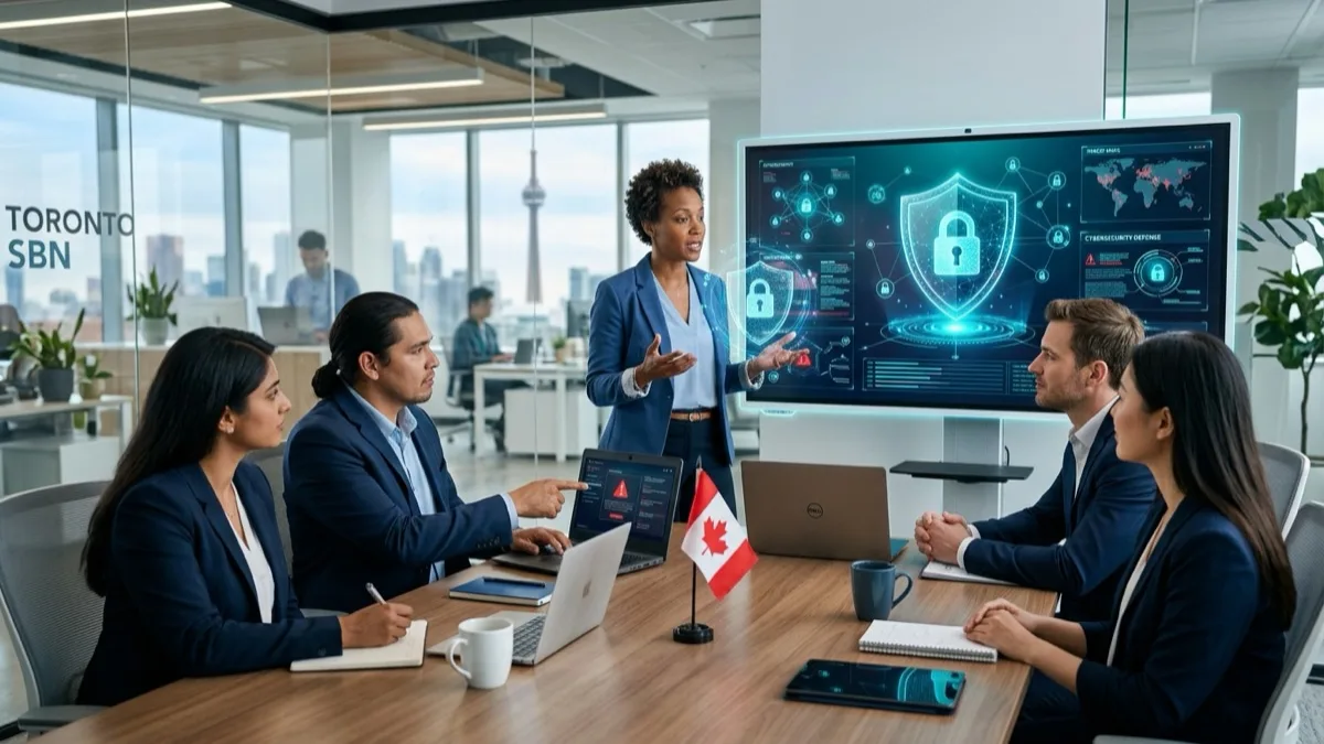 Cybersecurity consultant reviewing risk assessment findings with a Canadian SMB team in a Toronto boardroom