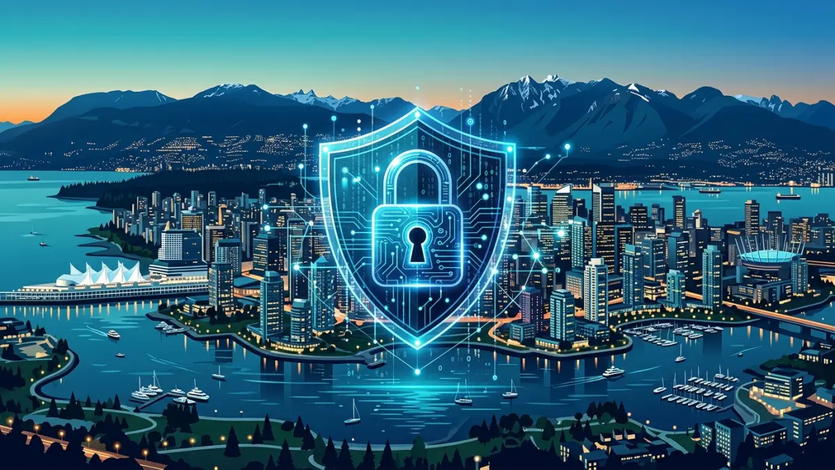 Vancouver downtown skyline and harbour at dusk with a security analyst monitoring threat dashboards for a Metro Vancouver business