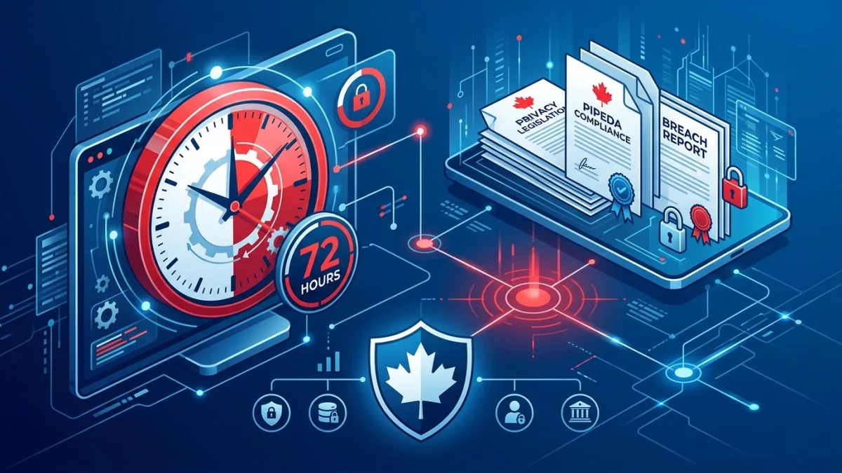 Canadian business team reviewing a data breach notification checklist with PIPEDA and Law 25 compliance documents on screen