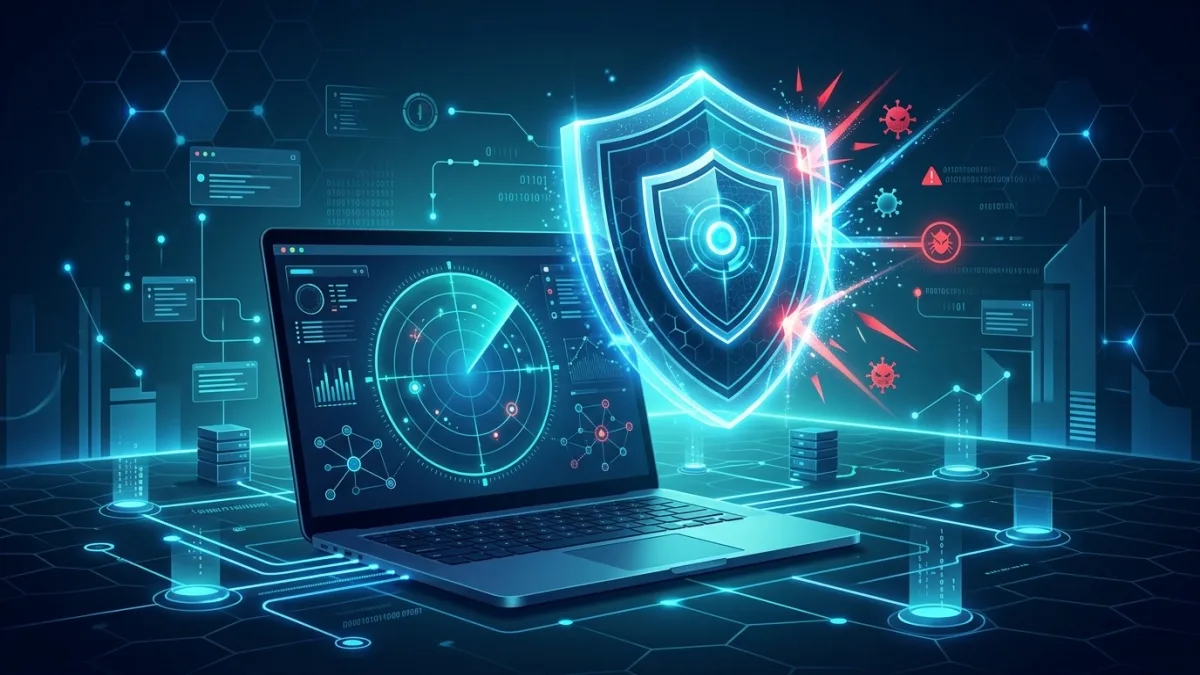 Security analyst reviewing an EDR platform dashboard showing endpoint behavioural alerts and automated containment events for a Canadian SMB network