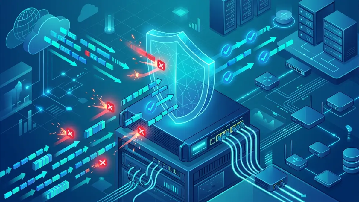Network engineer reviewing next-generation firewall policy and IPS alerts on a security operations dashboard for a Canadian SMB