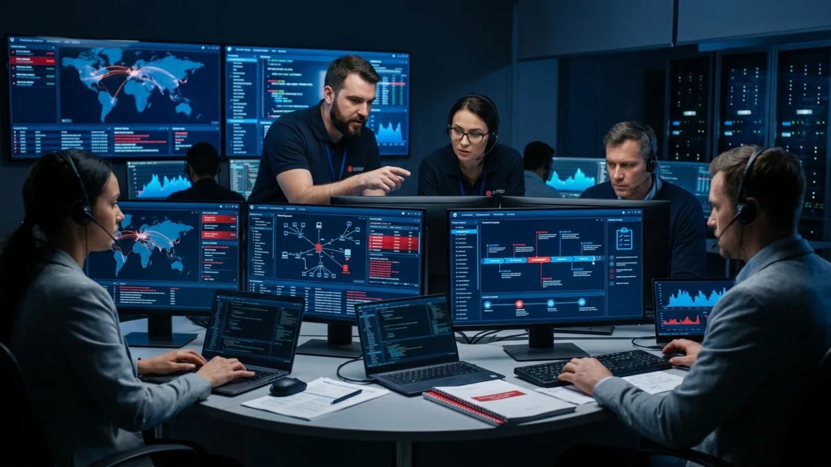Incident response team reviewing a breach containment playbook at a Canadian SMB in Calgary, working through the NIST detection and analysis phase