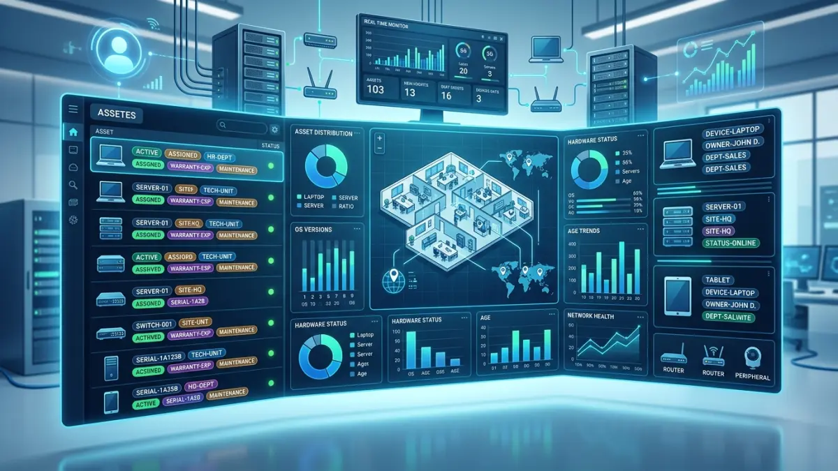 IT asset manager reviewing a hardware and software inventory dashboard for a Canadian SMB in a Toronto office