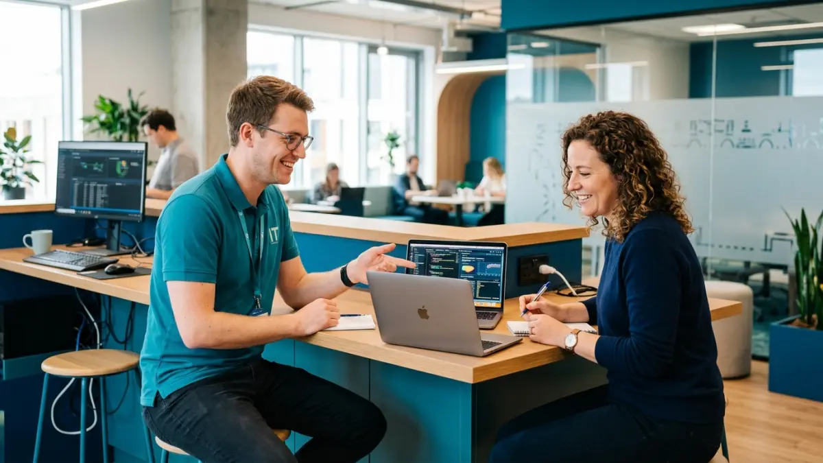 A small business IT support technician helping a team of office staff in a Canadian small business with laptops and a help desk dashboard