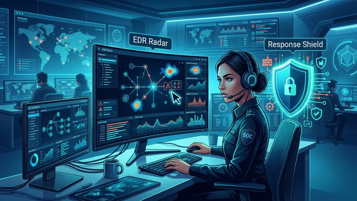 TechCare Canada MDR analyst hunting threats across EDR and XDR telemetry on a 24/7 response dashboard in a Canadian security operations centre