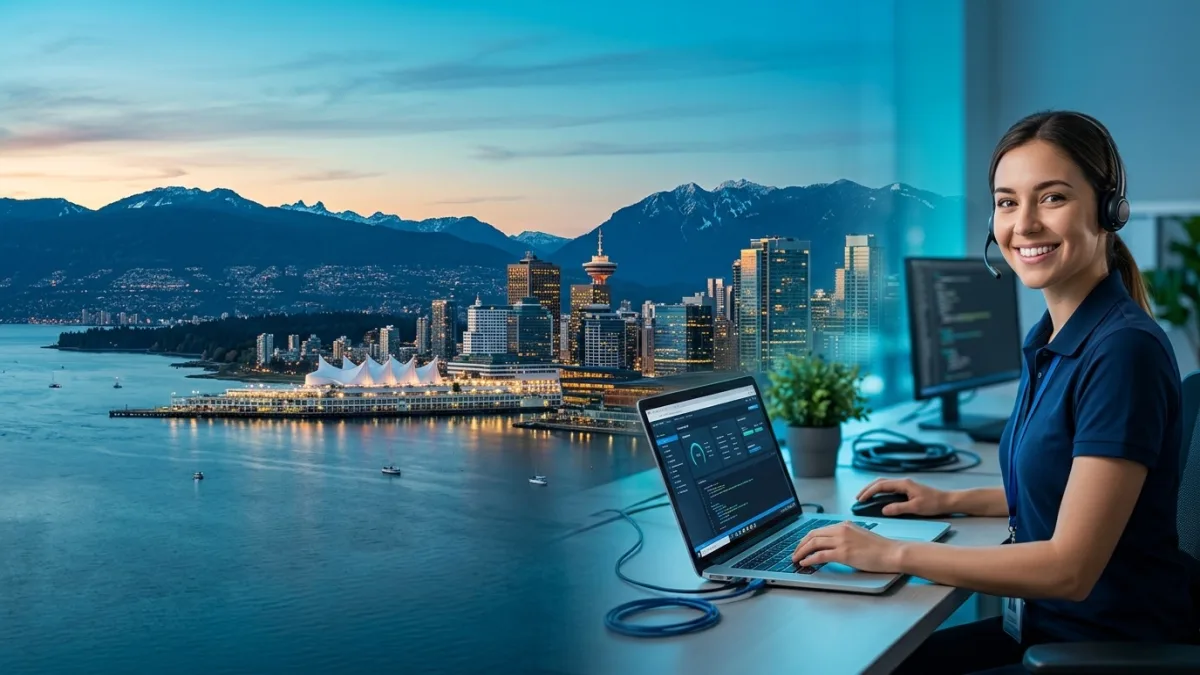 Vancouver skyline at dusk with an IT professional managing cloud infrastructure for a downtown Metro Vancouver SMB office