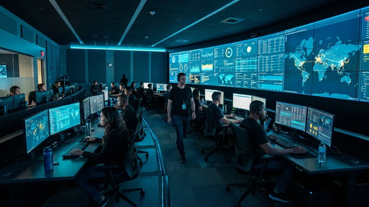 Canadian security analyst monitoring a SOC dashboard with real-time threat alerts across endpoint, network, and cloud telemetry in a Toronto operations centre