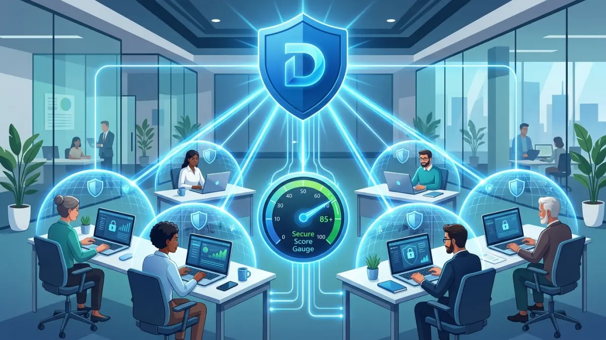 IT administrator reviewing the Microsoft Defender portal device inventory and Secure Score for a Canadian small business