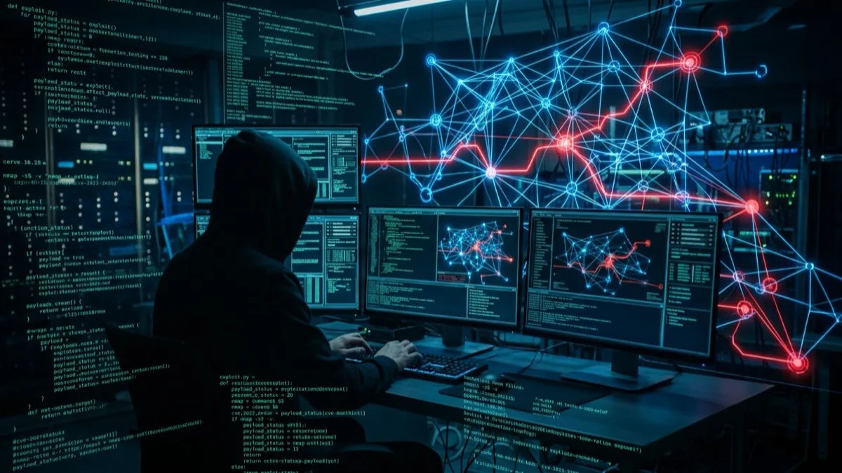 Canadian cybersecurity professional conducting a penetration test on a network in a Vancouver office, reviewing terminal output on a dual-monitor workstation