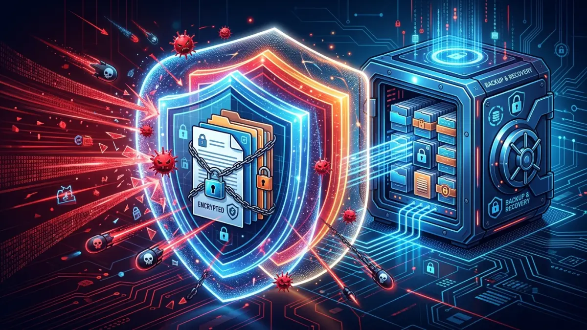 Security analyst reviewing a ransomware readiness dashboard with backup isolation and EDR coverage for a Canadian SMB