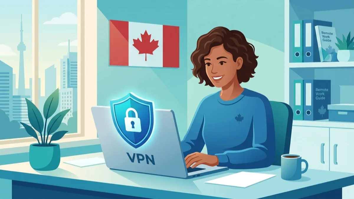 Canadian remote team using secure laptops with zero-trust access — offices in Toronto and Calgary connected via ZTNA rather than VPN