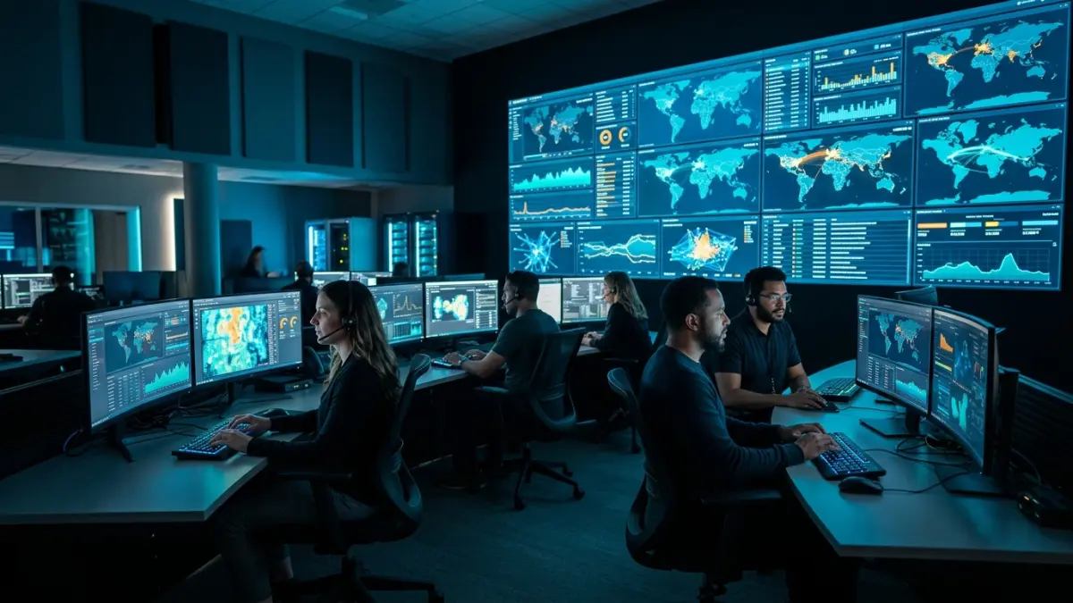 Security operations center analysts monitoring 24/7 SIEM dashboards and threat alerts for a Canadian business
