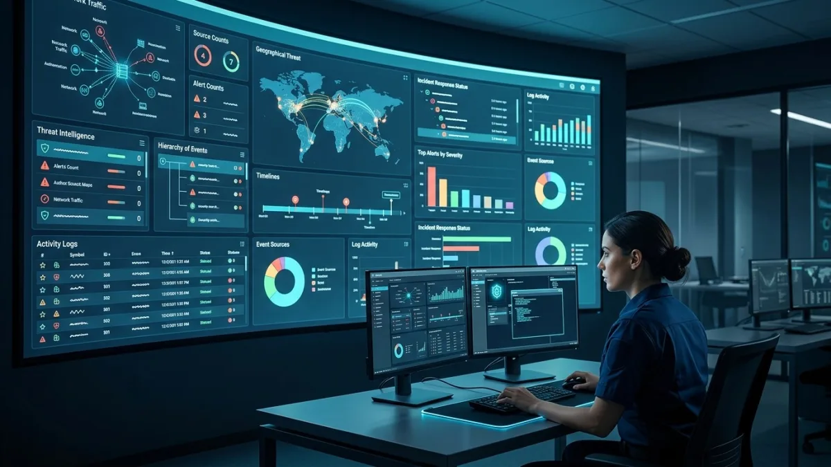Canadian security analyst reviewing a SIEM dashboard showing correlated threat alerts across Microsoft 365, endpoint, and network log sources in a Toronto operations centre