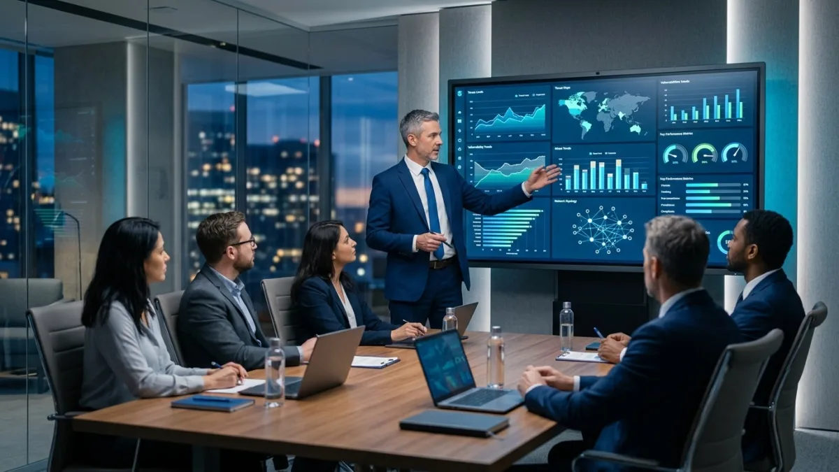 Virtual CISO leading a security strategy review with a Canadian SMB executive team in a Vancouver boardroom