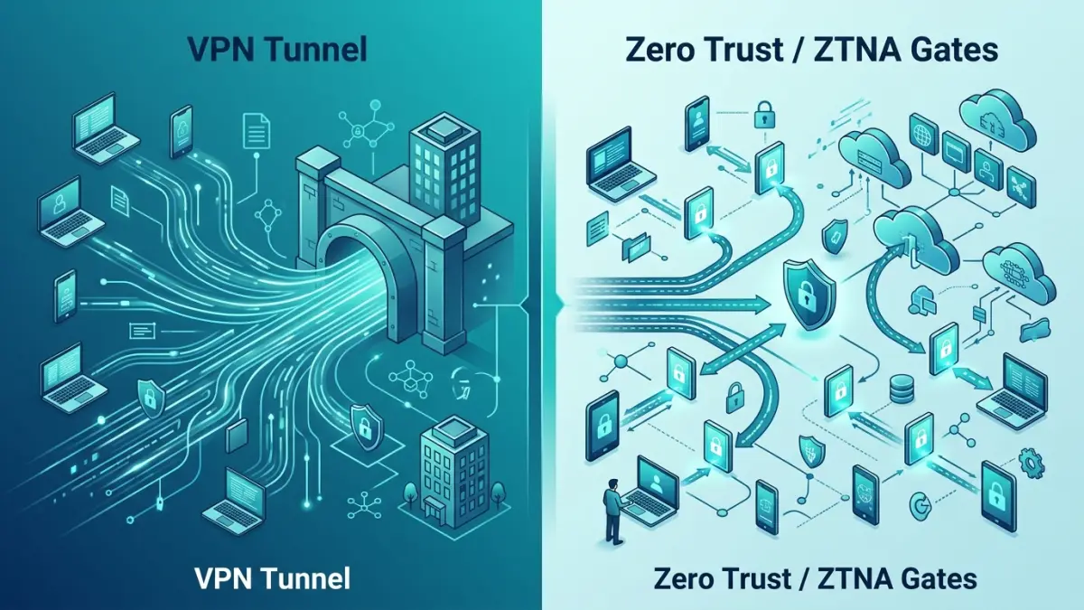 Diagram-style illustration comparing a traditional VPN tunnel into a corporate network with a Zero Trust Network Access broker granting per-application access for a Canadian remote workforce